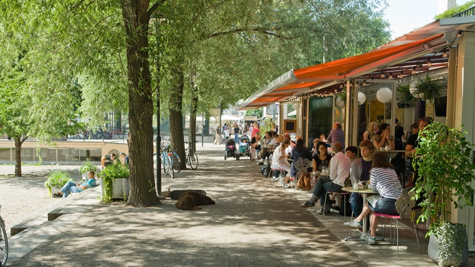 Björns trädgård, Södermalm. En sommardag med grönskande träd. Människor sitter i parken och äter på restaurangerna intill.