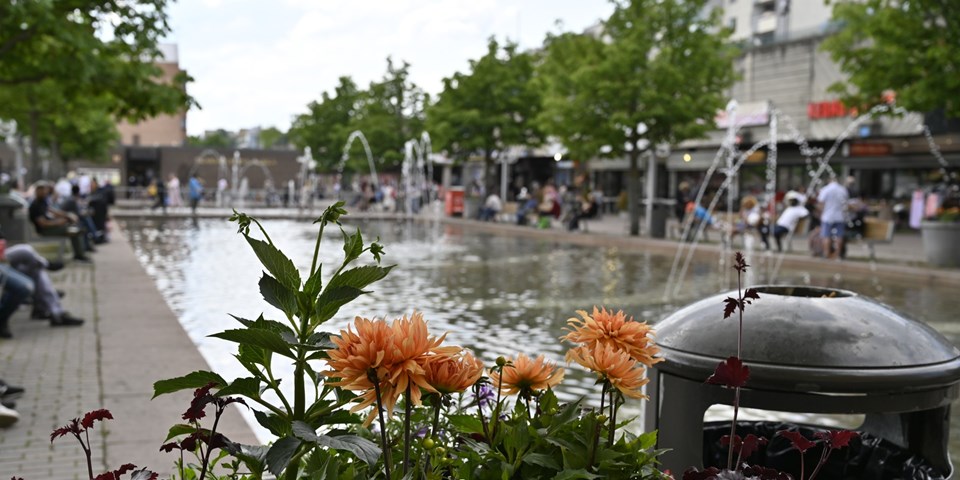 Skärholmens centrum med vy över torget som har en fontän. I förgrunden finns blommor och människor är i rörelse på torget.
