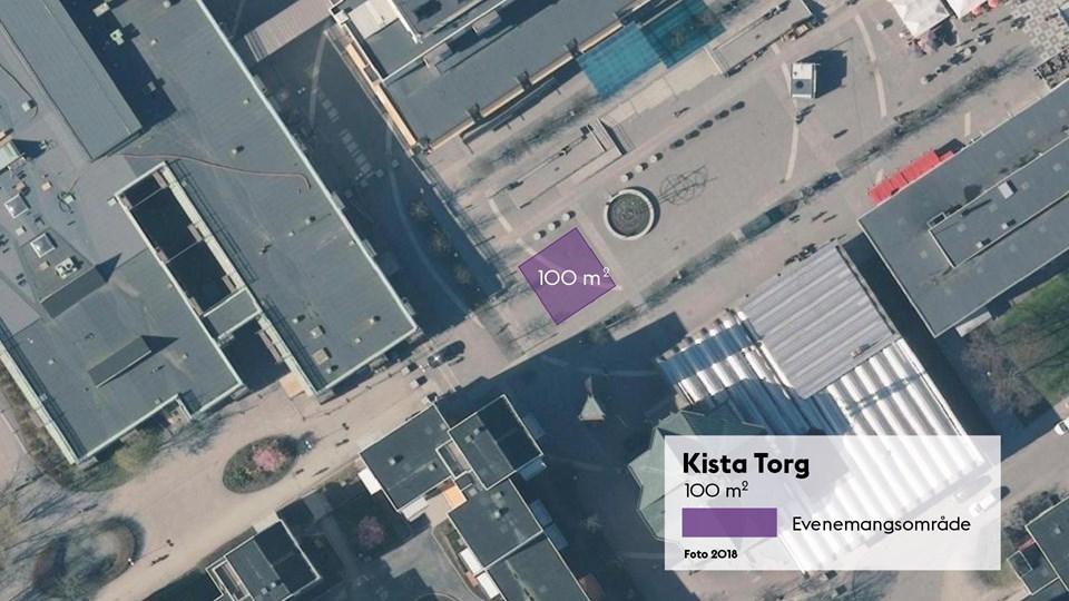 Satellitbild med markering av den 100 kvadratmeter stora evenemangsplatsen på Kista torg.