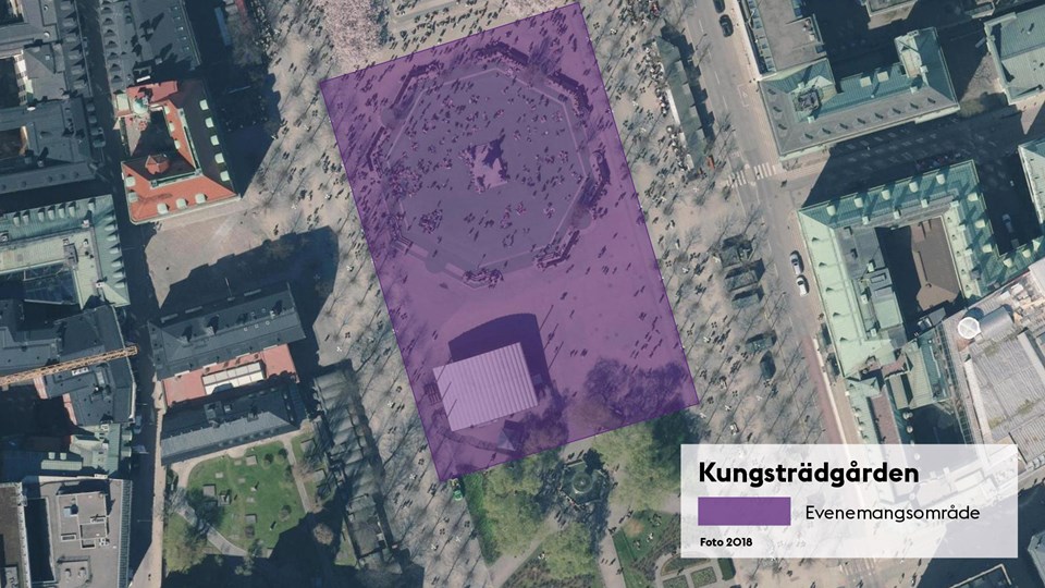 Kartbild över centrala Kungsträdgården med en lila rektangel utmärkt som visar var evenemangsplatsområdet är.