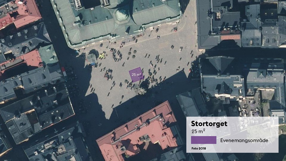Satellitbild med markering av den 25 kvadratmeter stora evenemangsplatsen på Stortorget.