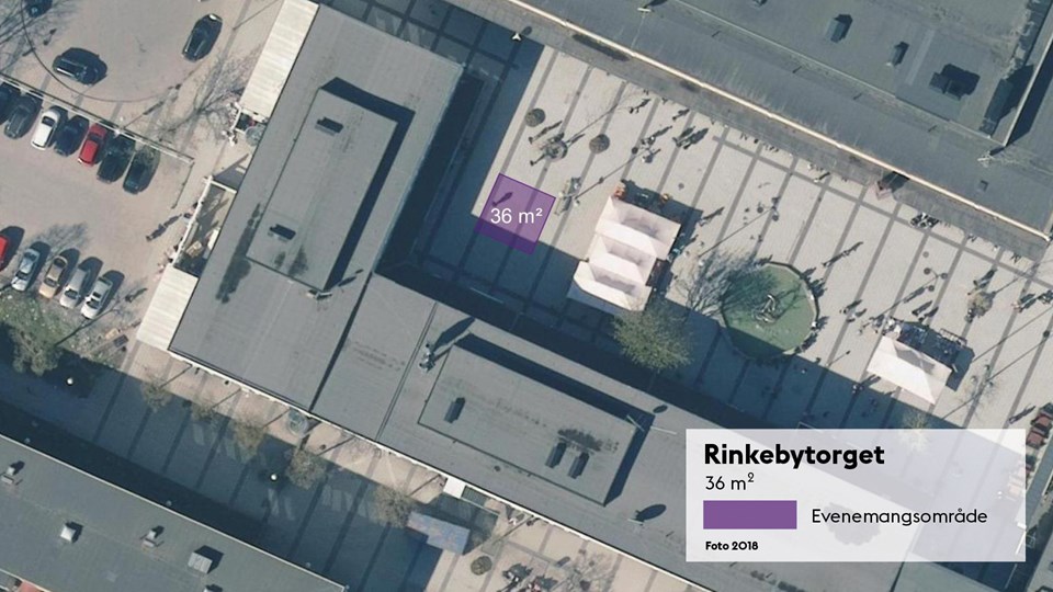 Satellitbild med markering av den 36 kvadratmeter stora evenemangsplatsen på Rinkebytorget.