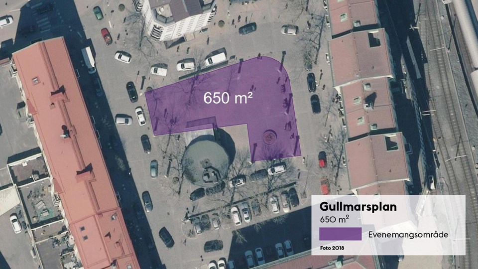 Satellitbild med markering av den 650 kvadratmeter stora evenemangsytan på Gullmarsplan.