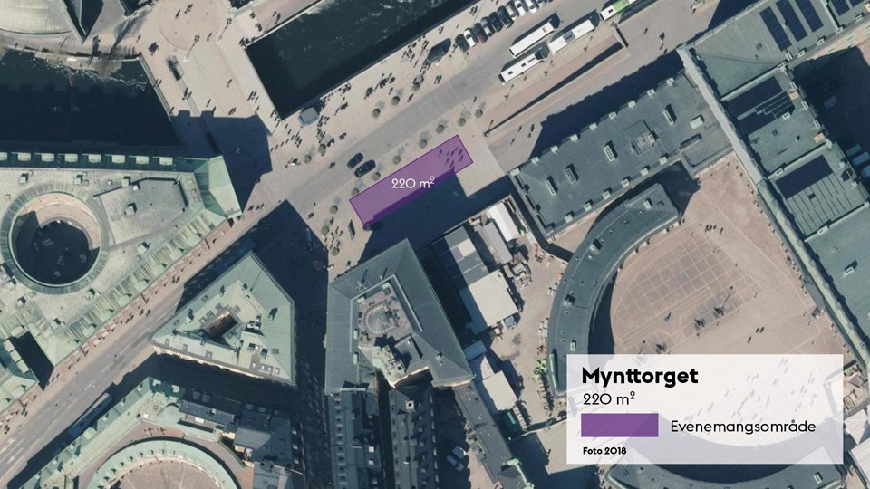 Satellitbild med markering av den 220 kvadratmeter stora evenemangsplatsen på Mynttorget.
