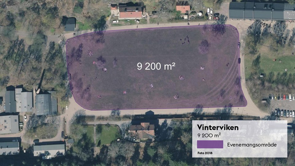 Satellitbild med markering av den 9 200 kvadratmeter stora evenemangsplatsen i Vinterviken.