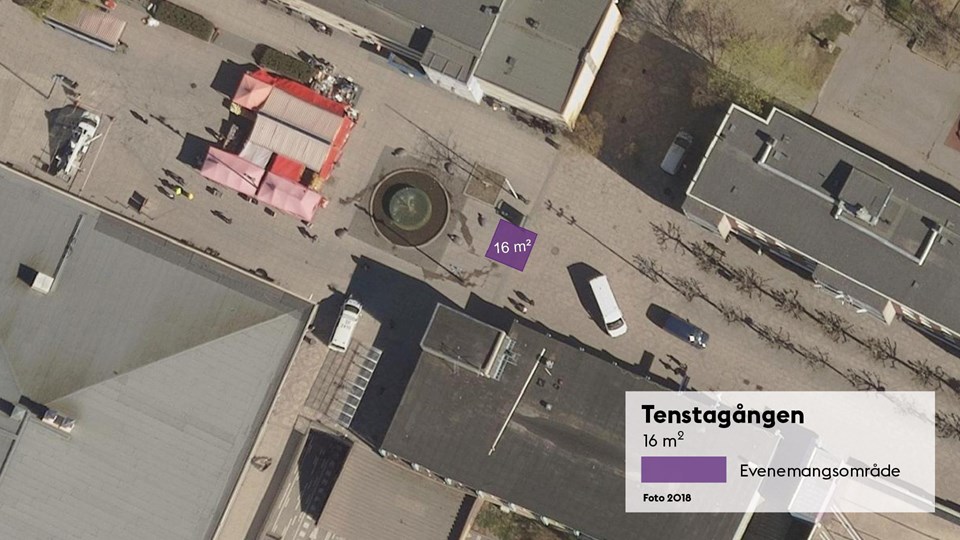 Satellitbild med markering av den 16 kvadratmeter stora evenemangsplatsen i Tenstagången.