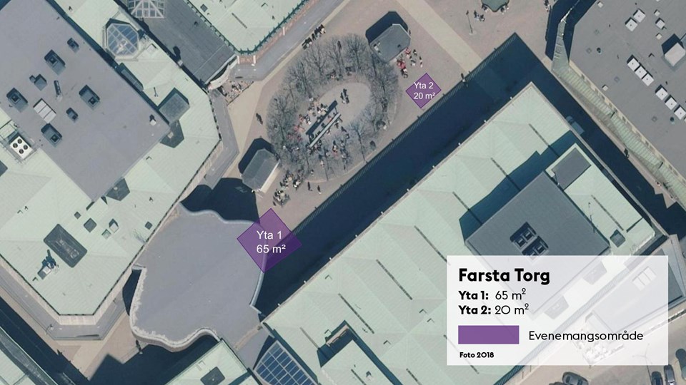 Satellitbild med markering av de två evenemangsytorna på Farsta torg.