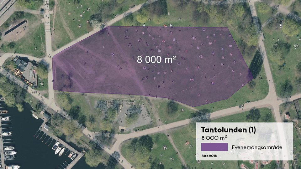Satellitbild med markering av den 8 000 kvadratmeter stora evenemangsplatsen i Tantolunden.