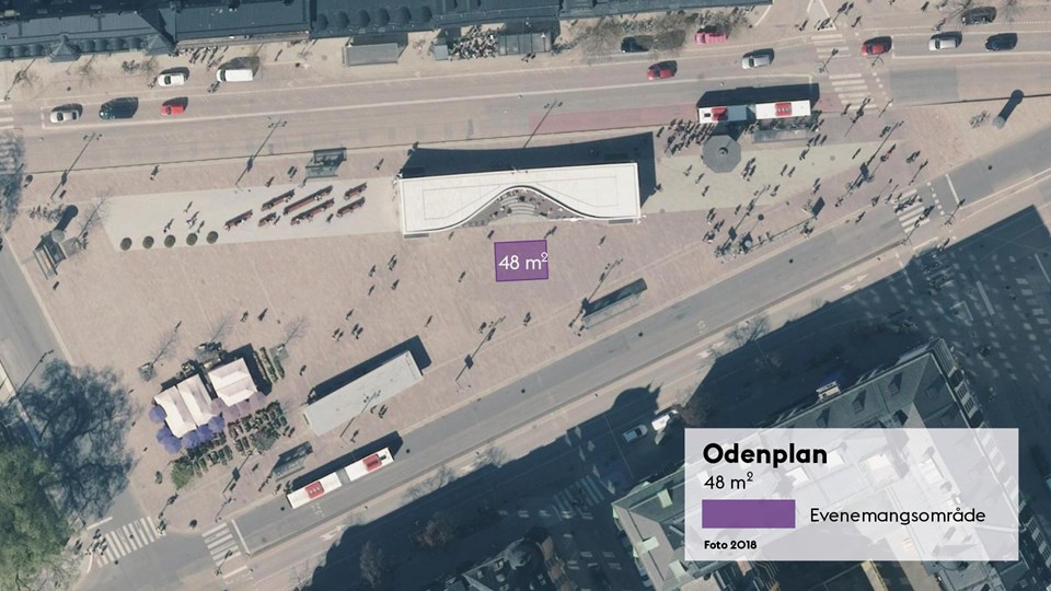Satellitbild med markering av den 48 kvadratmeter stora evenemangsplatsen på Odenplan.