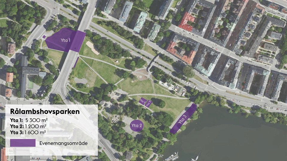 Flygfoto över Rålambshovsparken där evenemangsyta 1–3 är markerade i lila.