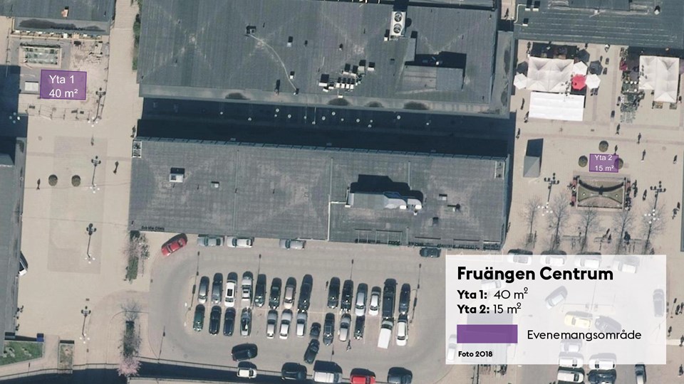 Satellitbild med markering av de två evenemangsytorna i Fruängens centrum.