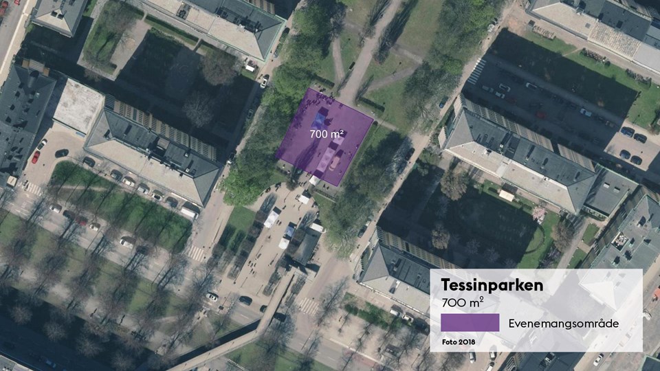 Satellitbild med markering av den 700 kvadratmeter stora evenemangsplatsen i Tessinparken.