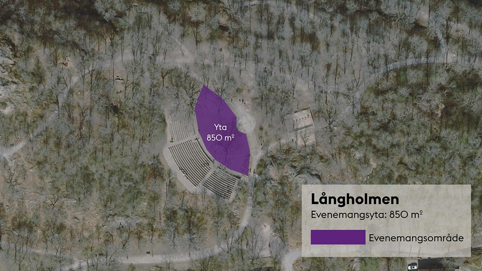 Satellitbild med markering evenemangsplatsen på Långholmen.