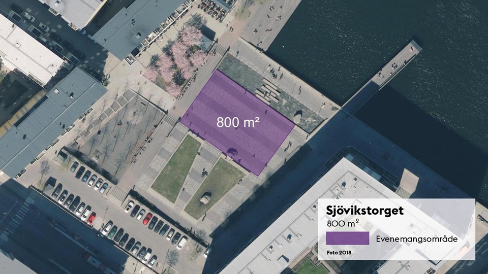 Satellitbild med markering av den 800 kvadratmeter stora evenemangsplatsen på Sjövikstorget.