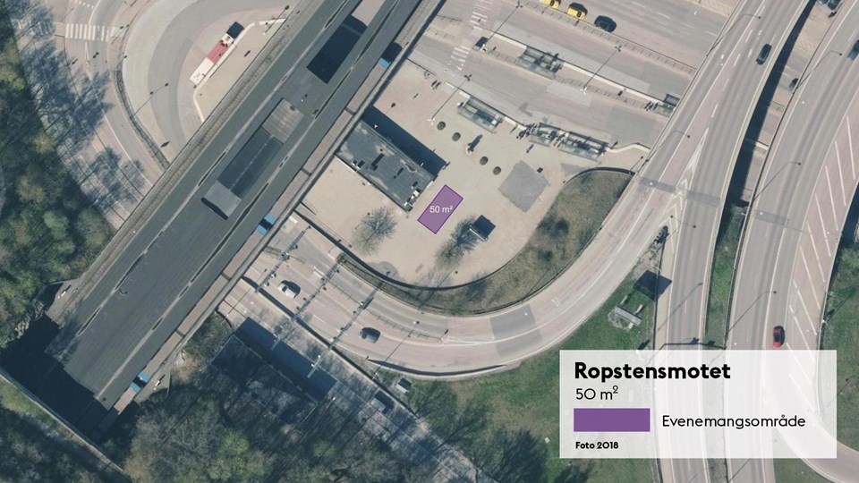 Satellitbild med markering av den 50 kvadratmeter stora evenemangsplatsen vid Ropsten.