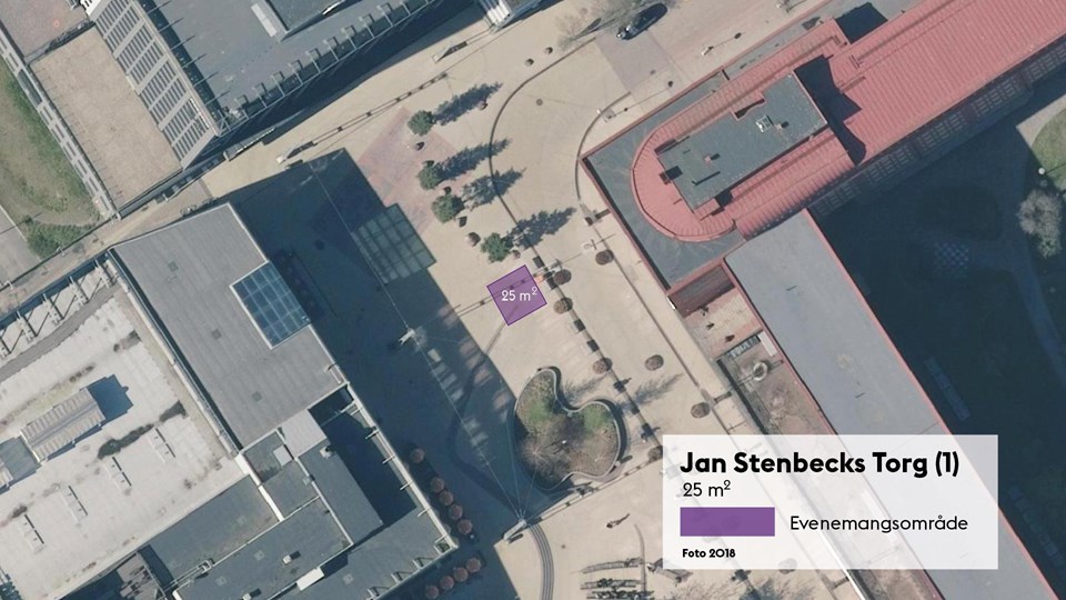 Satellitbild med markering av den 25 kvadratmeter stora evenemangsplatsen på Jan Stenbecks torg.
