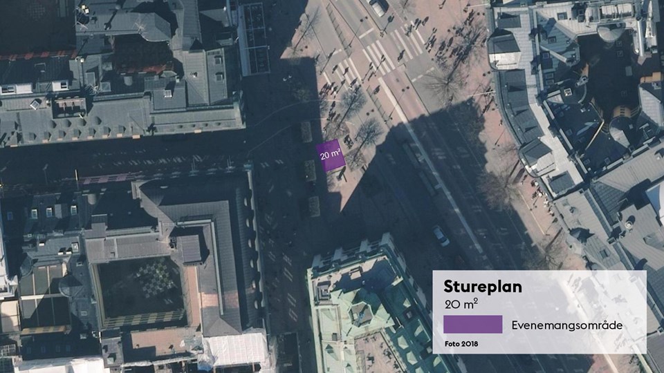 Satellitbild med markering av den 20 kvadratmeter stora evenemangsplatsen på Stureplan.