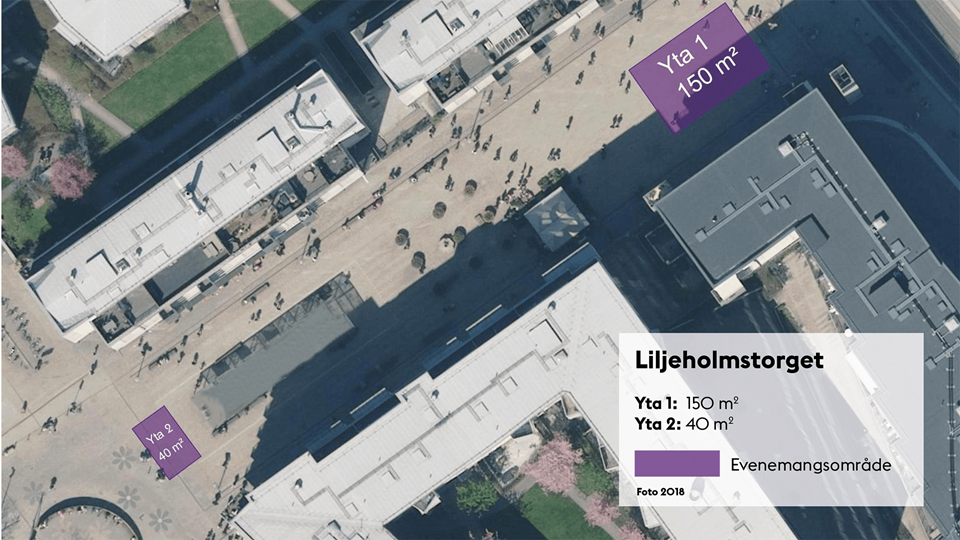 Liljeholmstorget med markerade evenemangsplatser i lila. Yta 1 är 150 kvadratmeter och yta 2 är 40 kvadratmeter.